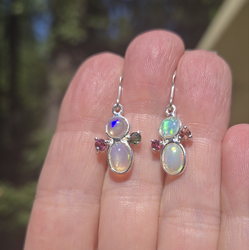Opal 3k Each & Tourmaline Natural Gemstone Sterling Earrings - Picture 3 of 10